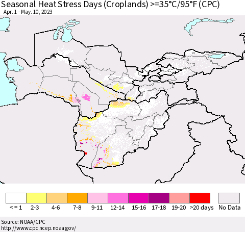 Central Asia Seasonal Heat Stress Days (Croplands) >=35°C/95°F (CPC) Thematic Map For 4/1/2023 - 5/10/2023