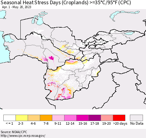 Central Asia Seasonal Heat Stress Days (Croplands) >=35°C/95°F (CPC) Thematic Map For 4/1/2023 - 5/20/2023