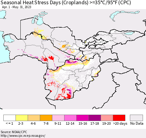 Central Asia Seasonal Heat Stress Days (Croplands) >=35°C/95°F (CPC) Thematic Map For 4/1/2023 - 5/31/2023