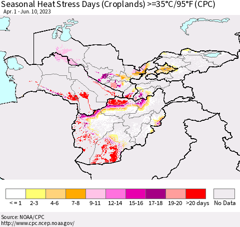 Central Asia Seasonal Heat Stress Days (Croplands) >=35°C/95°F (CPC) Thematic Map For 4/1/2023 - 6/10/2023