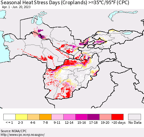 Central Asia Seasonal Heat Stress Days (Croplands) >=35°C/95°F (CPC) Thematic Map For 4/1/2023 - 6/20/2023