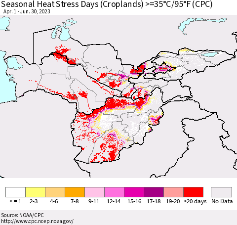 Central Asia Seasonal Heat Stress Days (Croplands) >=35°C/95°F (CPC) Thematic Map For 4/1/2023 - 6/30/2023