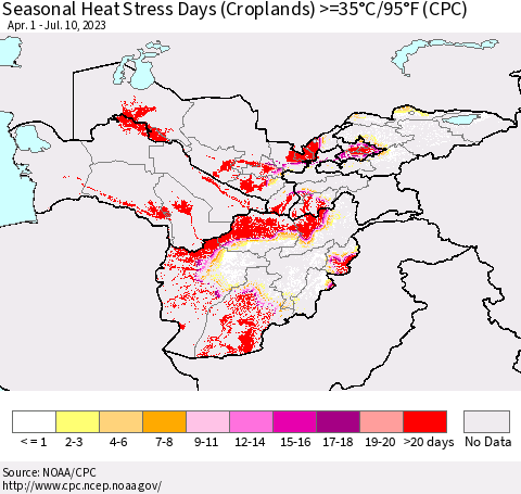 Central Asia Seasonal Heat Stress Days (Croplands) >=35°C/95°F (CPC) Thematic Map For 4/1/2023 - 7/10/2023