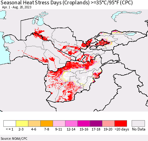 Central Asia Seasonal Heat Stress Days (Croplands) >=35°C/95°F (CPC) Thematic Map For 4/1/2023 - 8/20/2023