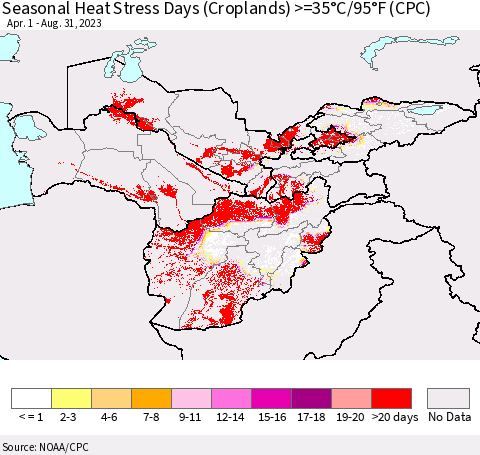 Central Asia Seasonal Heat Stress Days (Croplands) >=35°C/95°F (CPC) Thematic Map For 4/1/2023 - 8/31/2023