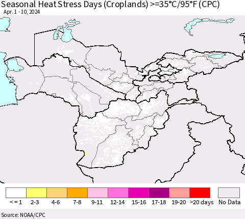 Central Asia Seasonal Heat Stress Days (Croplands) >=35°C/95°F (CPC) Thematic Map For 4/1/2024 - 4/10/2024