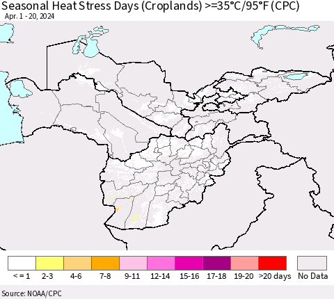 Central Asia Seasonal Heat Stress Days (Croplands) >=35°C/95°F (CPC) Thematic Map For 4/1/2024 - 4/20/2024