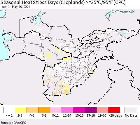 Central Asia Seasonal Heat Stress Days (Croplands) >=35°C/95°F (CPC) Thematic Map For 4/1/2024 - 5/10/2024