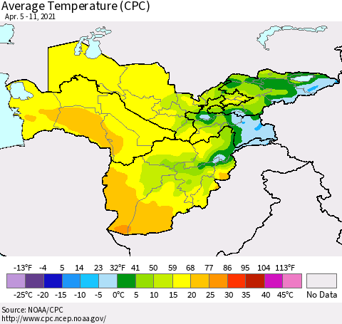 Central Asia Average Temperature (CPC) Thematic Map For 4/5/2021 - 4/11/2021