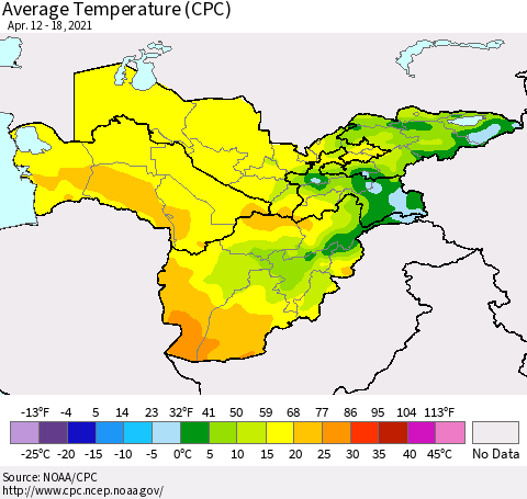 Central Asia Average Temperature (CPC) Thematic Map For 4/12/2021 - 4/18/2021
