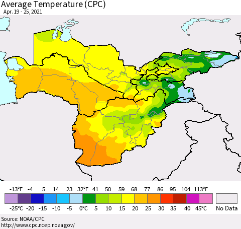 Central Asia Average Temperature (CPC) Thematic Map For 4/19/2021 - 4/25/2021