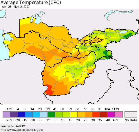 Central Asia Average Temperature (CPC) Thematic Map For 4/26/2021 - 5/2/2021
