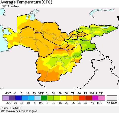 Central Asia Average Temperature (CPC) Thematic Map For 5/3/2021 - 5/9/2021