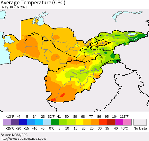 Central Asia Average Temperature (CPC) Thematic Map For 5/10/2021 - 5/16/2021