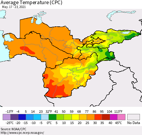 Central Asia Average Temperature (CPC) Thematic Map For 5/17/2021 - 5/23/2021
