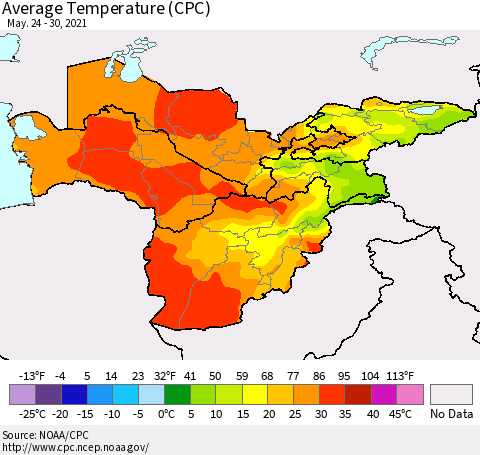 Central Asia Average Temperature (CPC) Thematic Map For 5/24/2021 - 5/30/2021