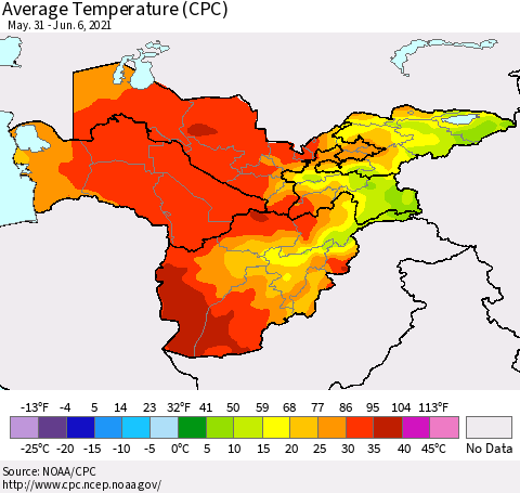 Central Asia Average Temperature (CPC) Thematic Map For 5/31/2021 - 6/6/2021