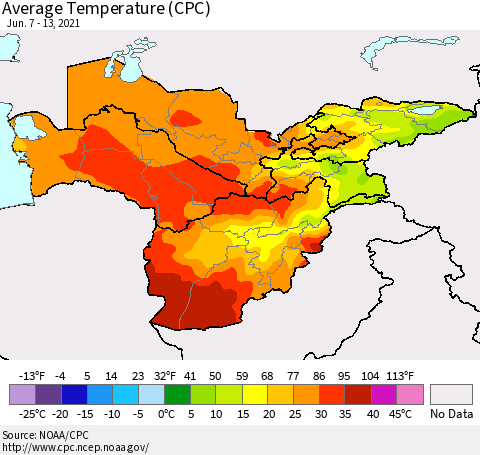 Central Asia Average Temperature (CPC) Thematic Map For 6/7/2021 - 6/13/2021