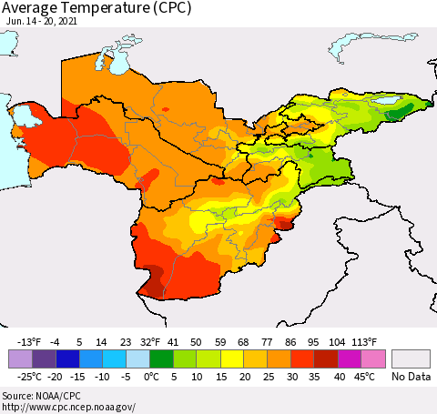 Central Asia Average Temperature (CPC) Thematic Map For 6/14/2021 - 6/20/2021