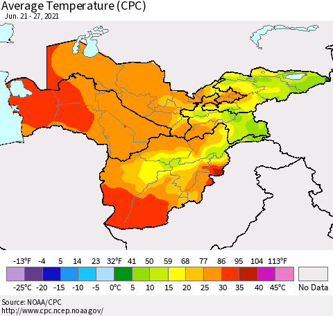 Central Asia Average Temperature (CPC) Thematic Map For 6/21/2021 - 6/27/2021