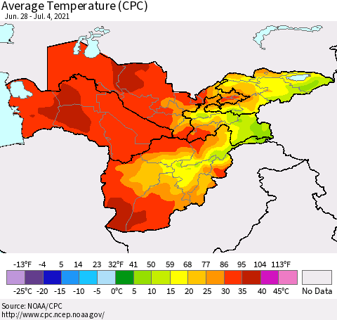 Central Asia Average Temperature (CPC) Thematic Map For 6/28/2021 - 7/4/2021