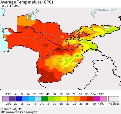 Central Asia Average Temperature (CPC) Thematic Map For 7/5/2021 - 7/11/2021