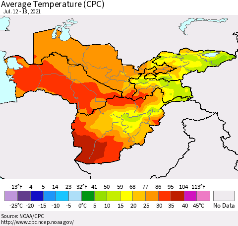 Central Asia Average Temperature (CPC) Thematic Map For 7/12/2021 - 7/18/2021