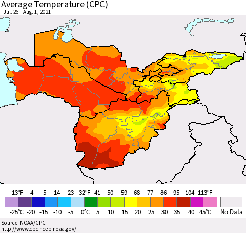 Central Asia Average Temperature (CPC) Thematic Map For 7/26/2021 - 8/1/2021