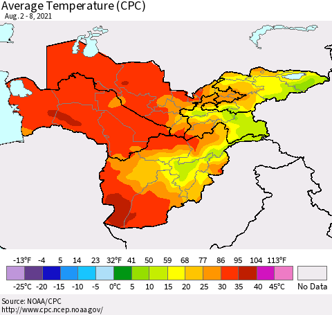 Central Asia Average Temperature (CPC) Thematic Map For 8/2/2021 - 8/8/2021
