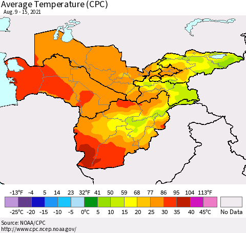 Central Asia Average Temperature (CPC) Thematic Map For 8/9/2021 - 8/15/2021
