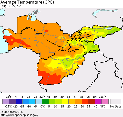 Central Asia Average Temperature (CPC) Thematic Map For 8/16/2021 - 8/22/2021