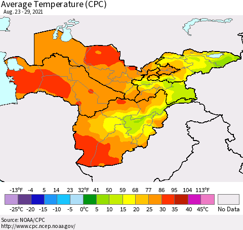 Central Asia Average Temperature (CPC) Thematic Map For 8/23/2021 - 8/29/2021