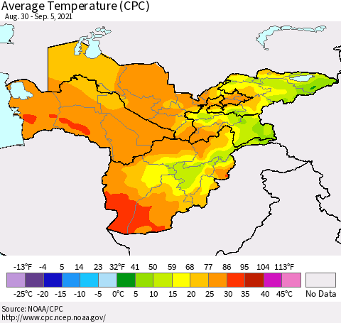 Central Asia Average Temperature (CPC) Thematic Map For 8/30/2021 - 9/5/2021