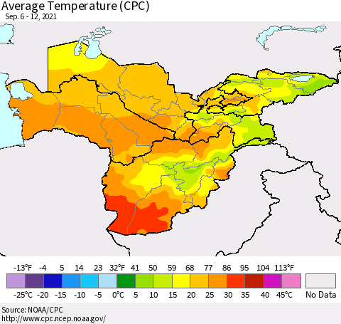 Central Asia Average Temperature (CPC) Thematic Map For 9/6/2021 - 9/12/2021