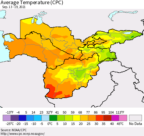 Central Asia Average Temperature (CPC) Thematic Map For 9/13/2021 - 9/19/2021