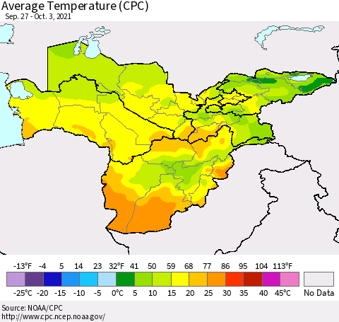 Central Asia Average Temperature (CPC) Thematic Map For 9/27/2021 - 10/3/2021