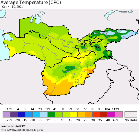 Central Asia Average Temperature (CPC) Thematic Map For 10/4/2021 - 10/10/2021