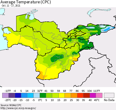 Central Asia Average Temperature (CPC) Thematic Map For 10/11/2021 - 10/17/2021