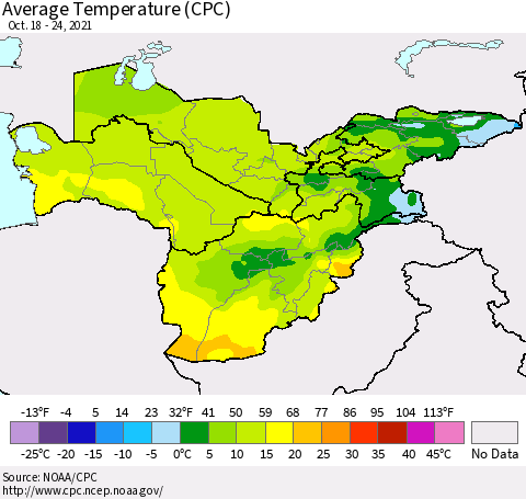 Central Asia Average Temperature (CPC) Thematic Map For 10/18/2021 - 10/24/2021