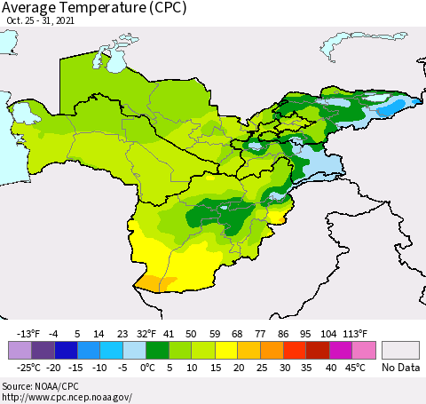 Central Asia Average Temperature (CPC) Thematic Map For 10/25/2021 - 10/31/2021