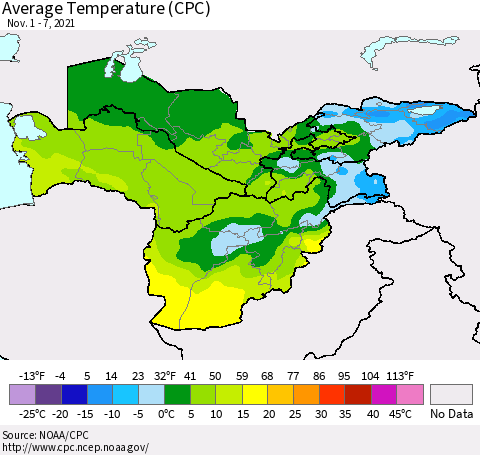 Central Asia Average Temperature (CPC) Thematic Map For 11/1/2021 - 11/7/2021