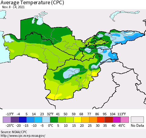 Central Asia Average Temperature (CPC) Thematic Map For 11/8/2021 - 11/14/2021