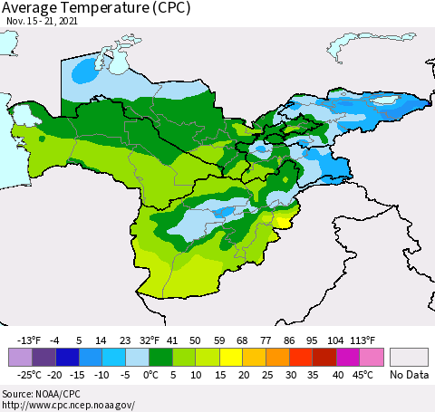 Central Asia Average Temperature (CPC) Thematic Map For 11/15/2021 - 11/21/2021