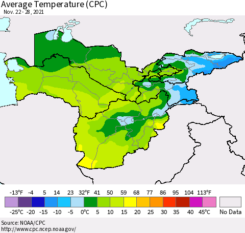 Central Asia Average Temperature (CPC) Thematic Map For 11/22/2021 - 11/28/2021