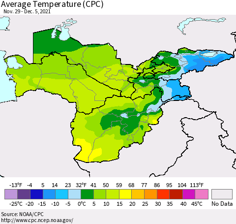 Central Asia Average Temperature (CPC) Thematic Map For 11/29/2021 - 12/5/2021