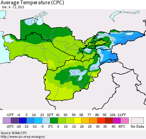 Central Asia Average Temperature (CPC) Thematic Map For 12/6/2021 - 12/12/2021