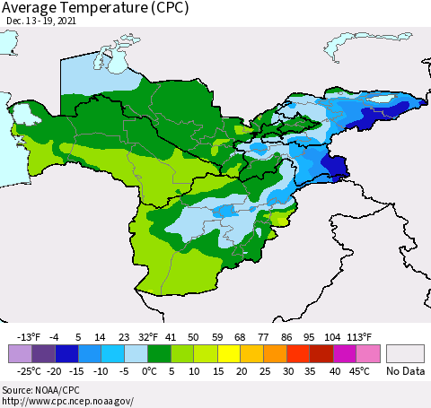 Central Asia Average Temperature (CPC) Thematic Map For 12/13/2021 - 12/19/2021