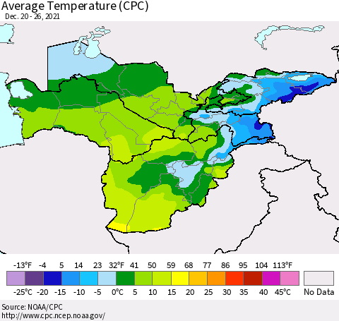 Central Asia Average Temperature (CPC) Thematic Map For 12/20/2021 - 12/26/2021