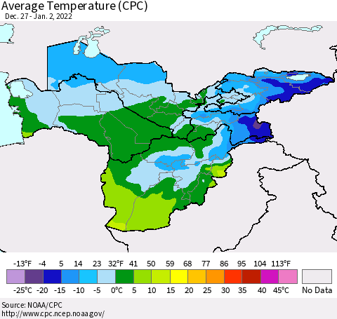Central Asia Average Temperature (CPC) Thematic Map For 12/27/2021 - 1/2/2022