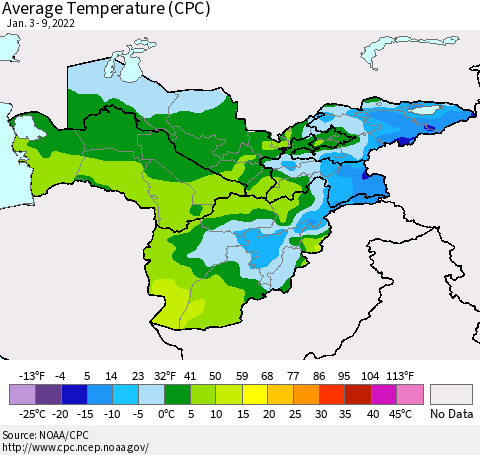 Central Asia Average Temperature (CPC) Thematic Map For 1/3/2022 - 1/9/2022